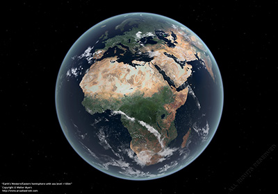 Earth's Western/Eastern hemisphere with sea level +100m, 2200 A.D.?