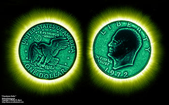 Eisenhower dollar   -   Wheaton, IL, 1975   -   Black & white Kirlian print, post-processed for color