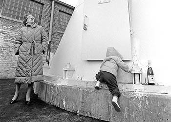 Water tower toddler   -   Oak Park, IL, 1982   -   Kodak Tri-X black & white 35mm film