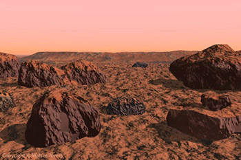 Dust-covered rocks and boulders seen from ground level