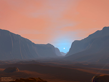 Sunrise over a martian canyon