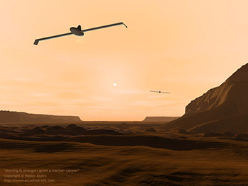 Morning and strangers greet a martian canyon