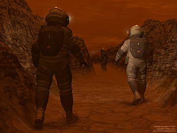Walking a dry gully on Titan